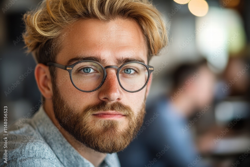 Thoughtful young man with glasses and a beard, gazing confidently, capturing a moment of contemplation in a modern café setting filled with natural light. Thoughtful young man with glasses and a beard, gazing confidently, capturing a moment of contemplation in a modern café setting filled with natural light.