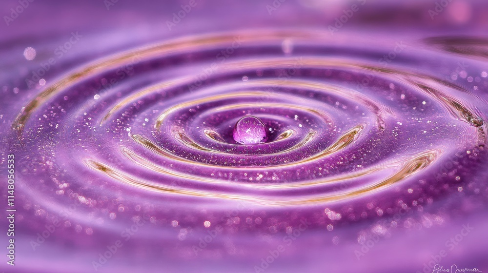 Purple water droplet creating concentric ripples with golden highlights.