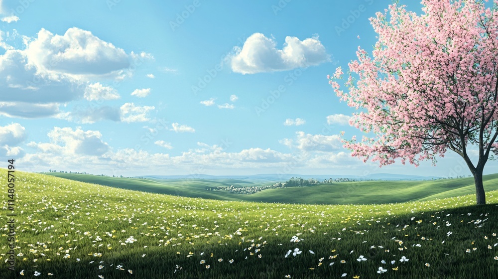 Fototapeta premium Serene Spring Landscape with Pink Cherry Blossom Tree Under a Bright Blue Sky