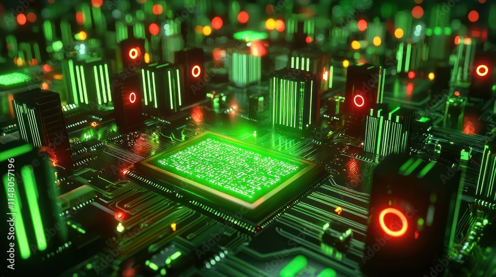 Obraz premium Neon Cityscape on a Circuit Board: A Futuristic Digital Metropolis