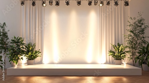 Bright and Minimalist Stage Setup with Spotlights and Greenery for Events and Presentations