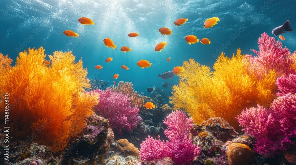 Naklejka premium Vibrant coral reef, colorful fish, underwater scene.