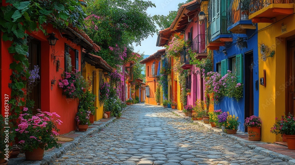 Cobblestone street, colorful houses, vibrant flowers. Cobblestone street, colorful houses, vibrant flowers.