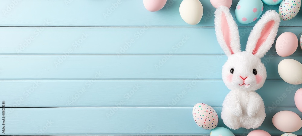 Fototapeta premium Easter celebration with bunny and colorful eggs blue background festive decor playful atmosphere top view spring vibes