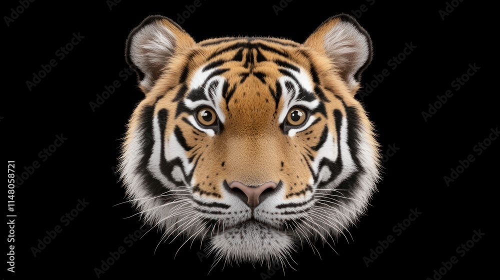 Tiger head portrait, striped fur pattern, and focused gaze on black background. Tiger head portrait, striped fur pattern, and focused gaze on black background.