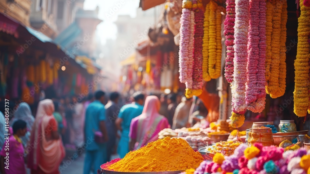 Fototapeta premium A bustling Indian market during Holi, filled with colorful powders, garlands, and vibrant decorations under warm sunlight 