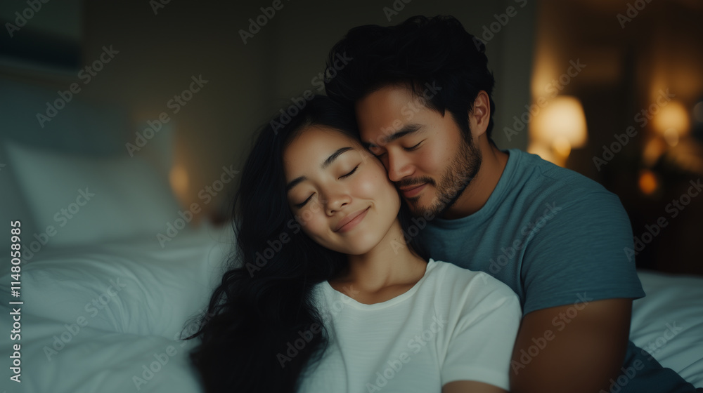 Fototapeta premium couple sharing tender moment in cozy bedroom, radiating love and warmth. soft lighting enhances their intimate connection.