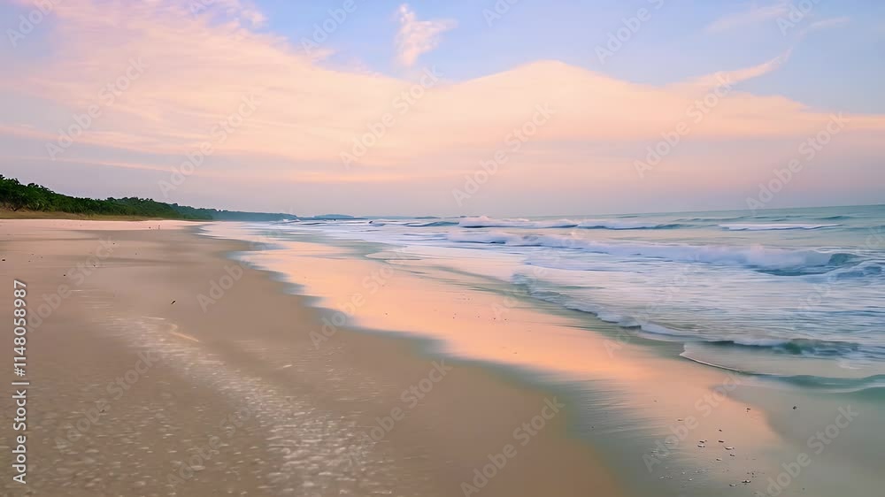 A serene beach scene at sunset with soft waves and pastel skies, evoking a calm and peaceful atmosphere. A serene beach scene at sunset with soft waves and pastel skies, evoking a calm and peaceful atmosphere.