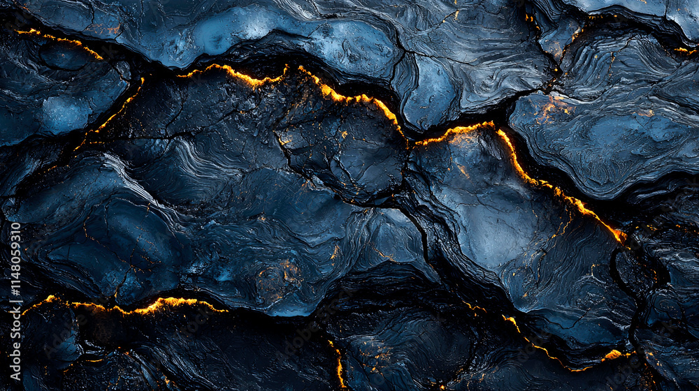 Naklejka premium Glowing lava cracks in dark volcanic rock.