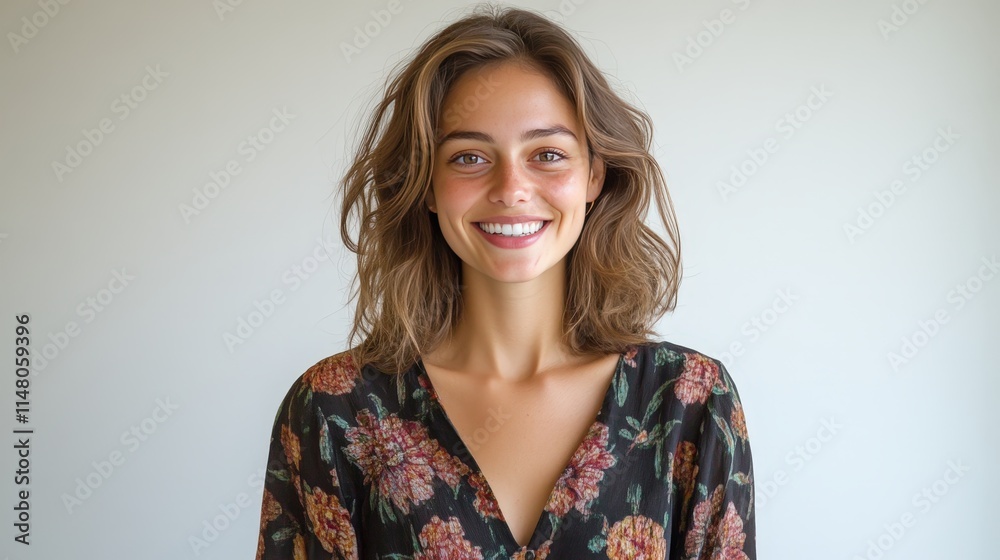 Joyful young woman with natural beauty and casual floral dress smiling confidently in bright indoor setting Joyful young woman with natural beauty and casual floral dress smiling confidently in bright indoor setting