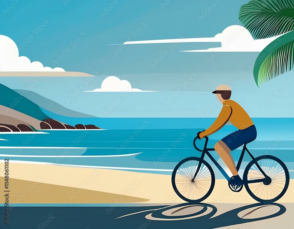 Fototapeta premium 海岸の道路を自転車で走っている人