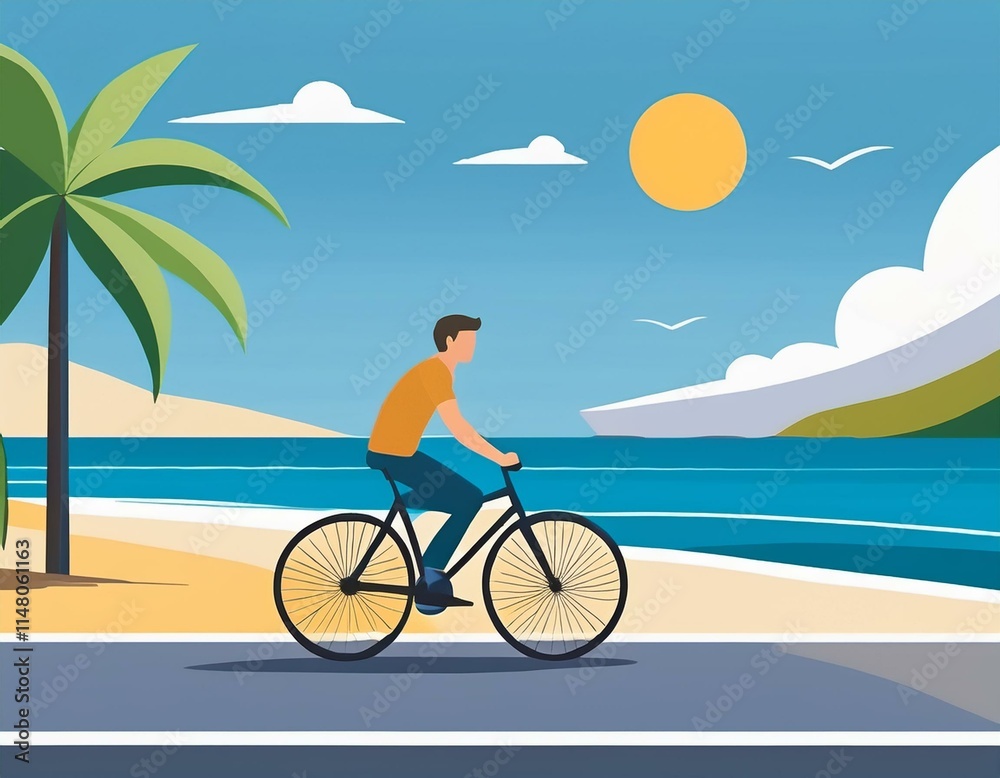 Fototapeta premium 海岸の道路を自転車で走っている人