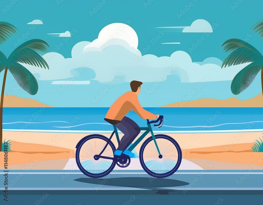 Fototapeta premium 海岸の道路を自転車で走っている人