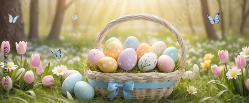 Easter Eggs in Decorated Basket with Spring Flowers, Easter Day, AI Generative
