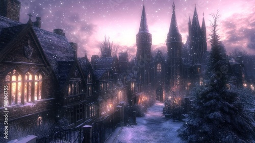 Snowy village street at twilight with gothic architecture and snow-covered trees. photo