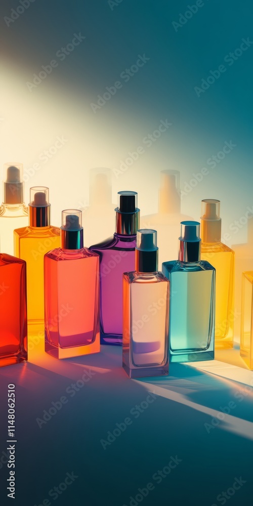 Silhouette of beauty bottles in a minimalistic arrangement with a glowing light. Silhouette of beauty bottles in a minimalistic arrangement with a glowing light.