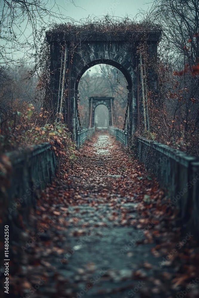 Obraz premium Abandoned bridge surrounded by fall foliage in a misty forest under cloudy skies