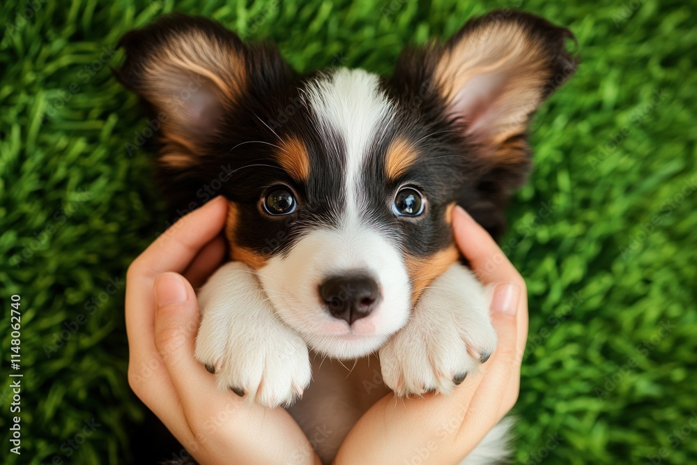 Puppy held with human hands, green background. Puppy held with human hands, green background.