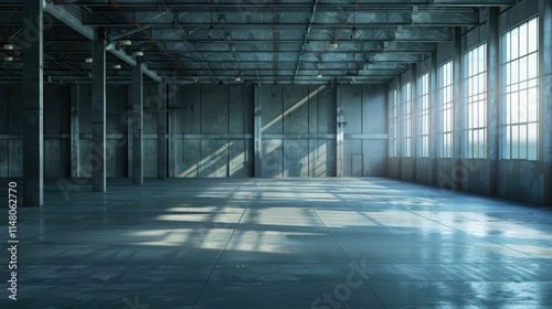 Empty warehouse with dramatic lighting and shadows