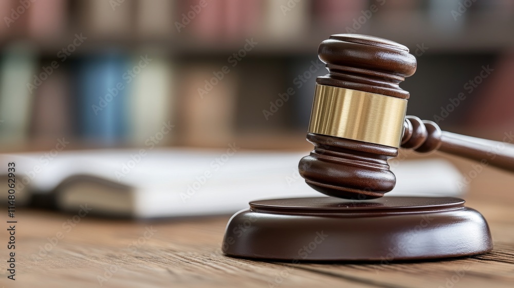 A wooden gavel rests on a desk, symbolizing justice and legal proceedings. A wooden gavel rests on a desk, symbolizing justice and legal proceedings.
