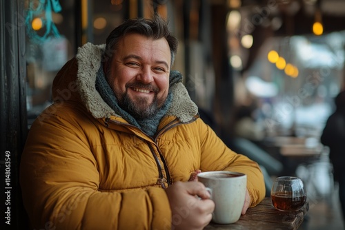 Happy man wearing a winter coat enjoys a hot beverage at an outdoor cafe during the cold season