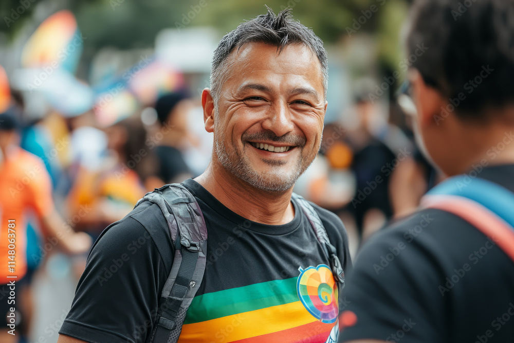 Naklejka premium Happy man wearing a rainbow t-shirt is smiling during a gay pride parade