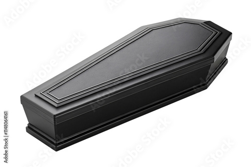 A sleek black coffin with a minimalist, trapezoidal design and layered detailing on the lid, exuding simplicity and modern elegance, isolated on a transparent background photo