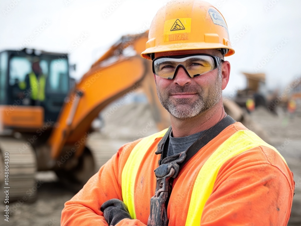Construction worker in hardhat and safety glasses. Construction worker in hardhat and safety glasses.