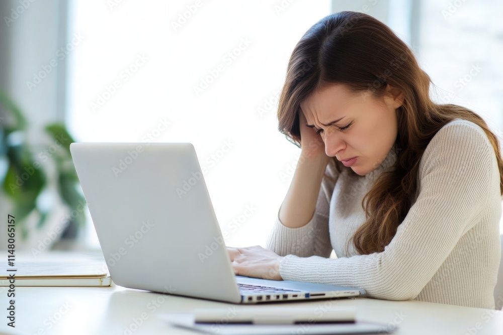Nauseous Pregnant Woman Working on Laptop with Unhappy Expression Nauseous Pregnant Woman Working on Laptop with Unhappy Expression
