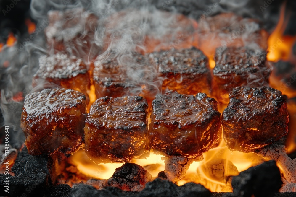 Sizzling meat cubes over charcoal fire with smoke. Sizzling meat cubes over charcoal fire with smoke.