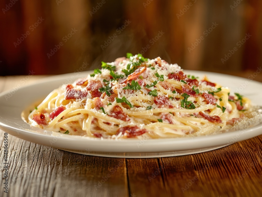 Steaming plate of spaghetti carbonara with bacon and herbs. Steaming plate of spaghetti carbonara with bacon and herbs.