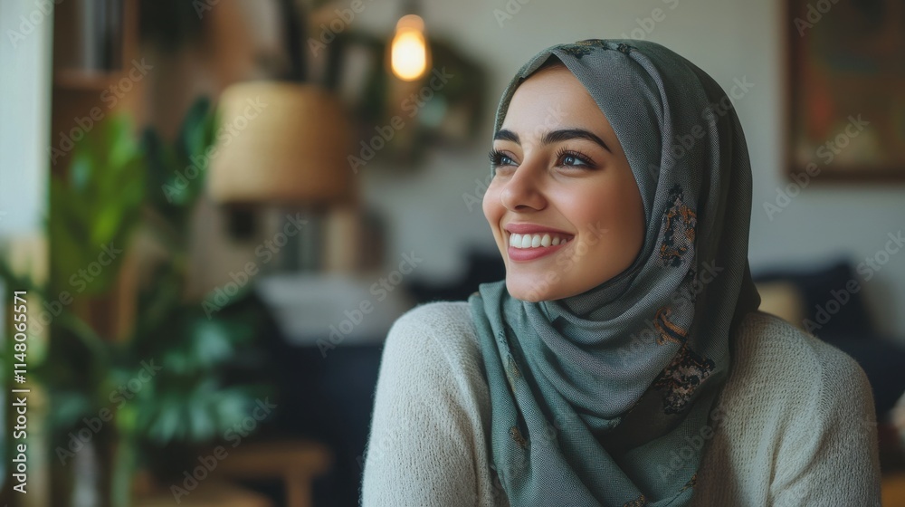 Smiling Muslim Woman in Hijab, Home Interior, Daytime Portrait Smiling Muslim Woman in Hijab, Home Interior, Daytime Portrait