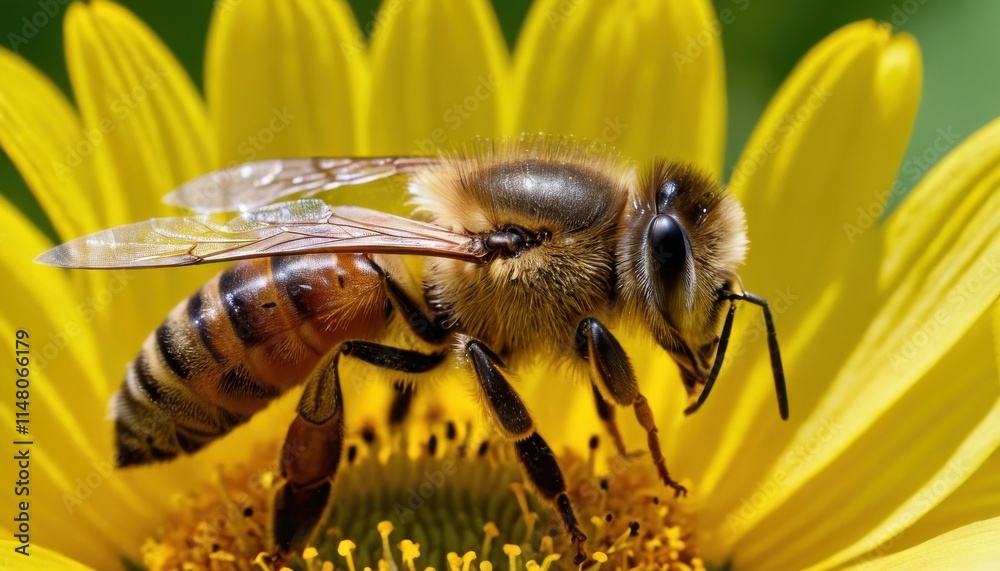 Close-up of a honeybee collecting nectar from a vibrant sunflower. Close-up of a honeybee collecting nectar from a vibrant sunflower.