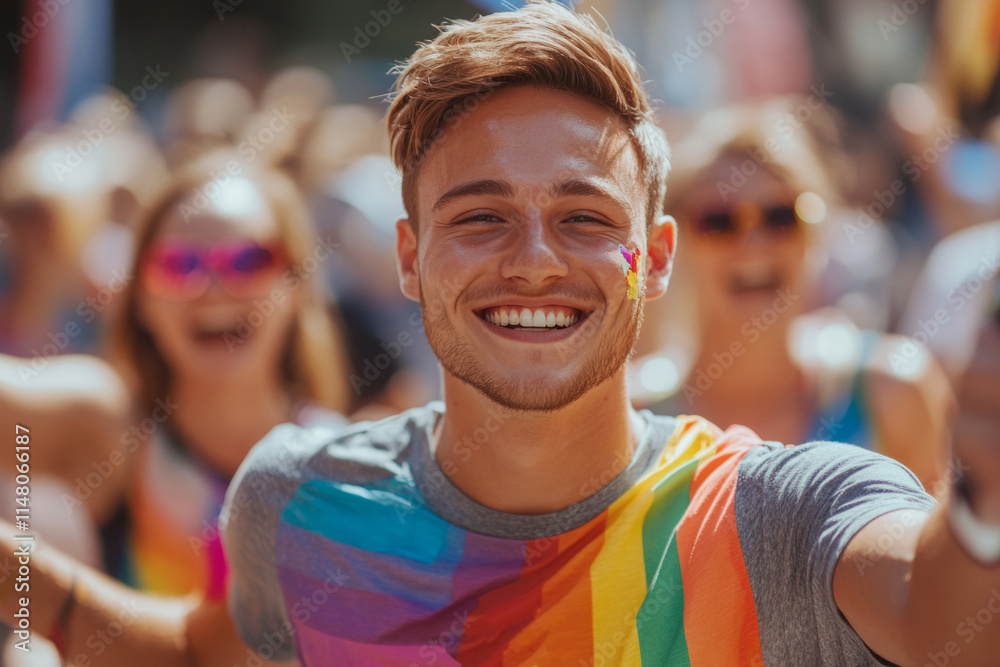 Portrait of a young man smiling and celebrating at a gay pride parade Portrait of a young man smiling and celebrating at a gay pride parade