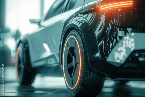 High-tech electric car showcasing innovative design and glowing wheels in a modern showroom