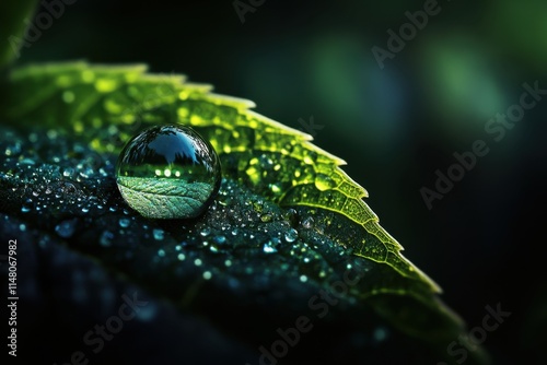 A sharp focused macro photograph of dewdrops on leaves nature close-up tranquil environment low angle viewpoint capturing the beauty of nature's details