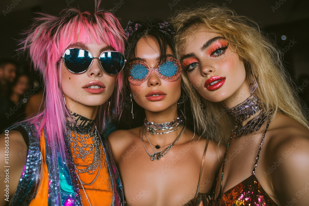 Three stylish models are showcasing festival fashion with unique sunglasses, vibrant makeup, and eye-catching jewelry Three stylish models are showcasing festival fashion with unique sunglasses, vibrant makeup, and eye-catching jewelry