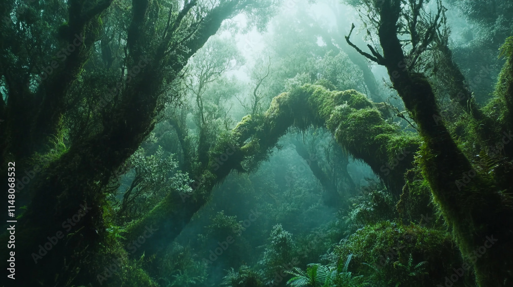 Lush forest with moss-covered trees under a mystical fog in a tropical location. Lush forest with moss-covered trees under a mystical fog in a tropical location.