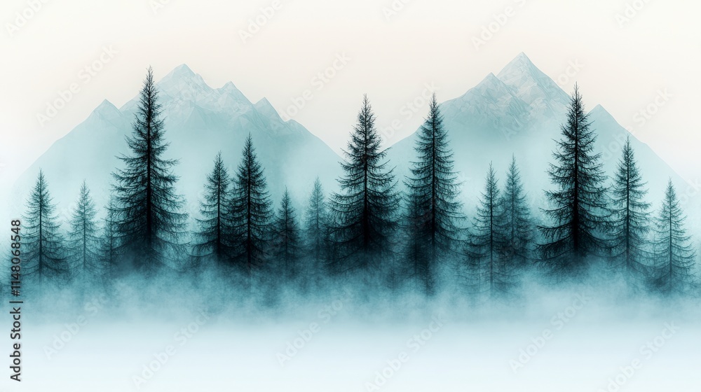 Fototapeta premium Misty Mountain Forest Serene Winter Landscape Coniferous Trees Fog Peaks