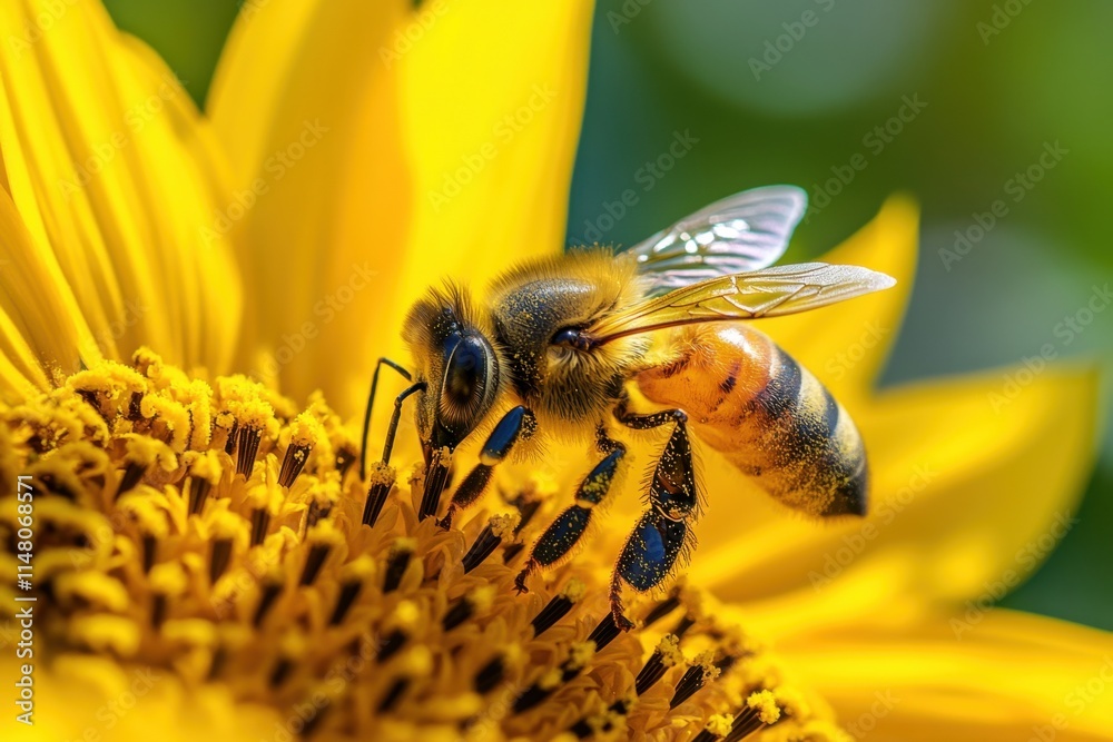 A sharp macro shot of a honeybee collecting pollen on a vibrant sunflower in nature close-up view emphasizing the intricate details of pollination A sharp macro shot of a honeybee collecting pollen on a vibrant sunflower in nature close-up view emphasizing the intricate details of pollination