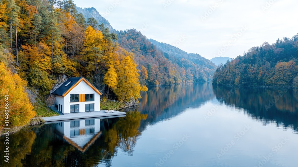 Modern house on lake, autumn foliage reflection. Modern house on lake, autumn foliage reflection.