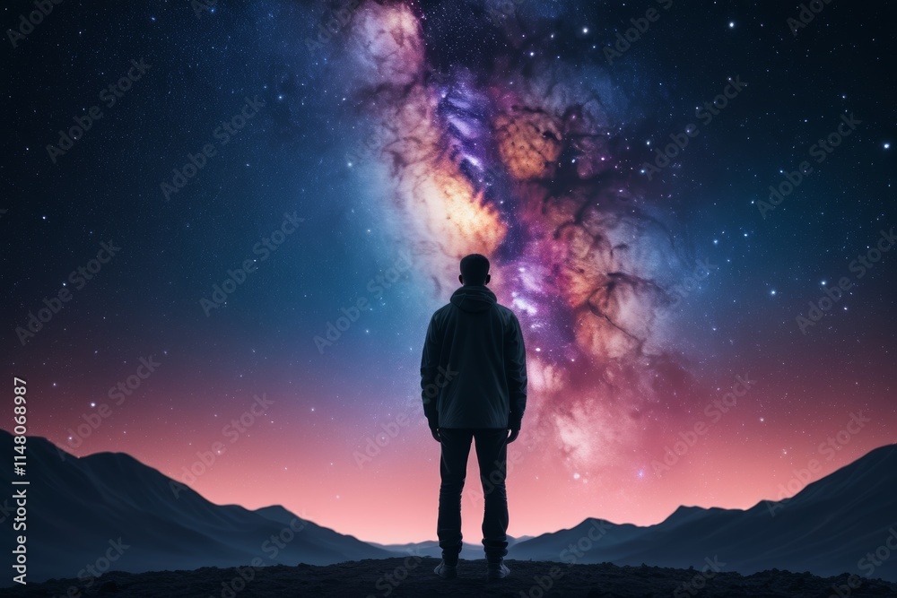 Fototapeta premium starry sky with a man standing on a hill looking at the stars