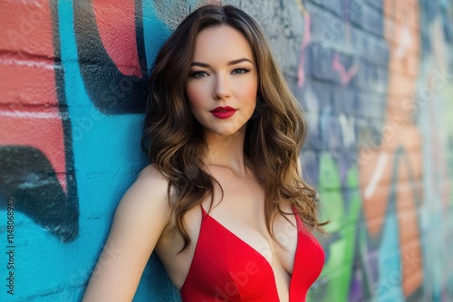 A sharp vibrant portrait of a fashionable woman against a colorful graffiti wall in an urban environment capturing style and confidence