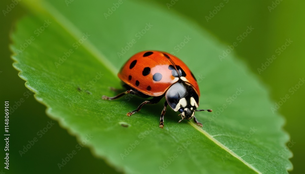 Close-up of a ladybug on a vibrant green leaf. Close-up of a ladybug on a vibrant green leaf.