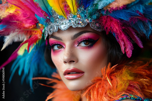 Close-up portrait of a beautiful woman with vibrant pink makeup and a headdress adorned with colorful feathers, embodying the festive spirit of brazilian carnival