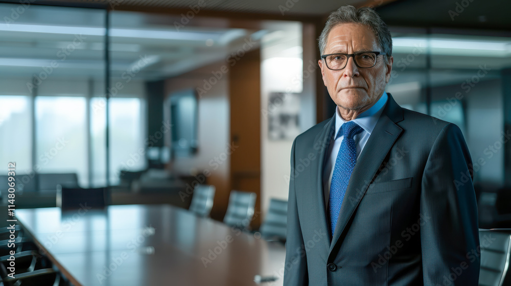 a middle-aged man stands in a conference room with a long table and several chairs in the background He is wearing a dark suit, a blue tie, and glasses. His expression is serious and professional 01 a middle-aged man stands in a conference room with a long table and several chairs in the background He is wearing a dark suit, a blue tie, and glasses. His expression is serious and professional 01