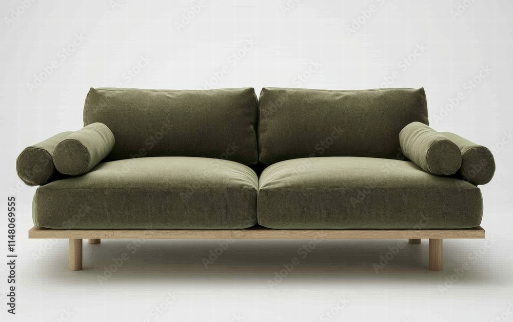 A Scandinavian sofa with olive green fabric, light wooden legs, and cozy rounded armrests, on a white background A Scandinavian sofa with olive green fabric, light wooden legs, and cozy rounded armrests, on a white background
