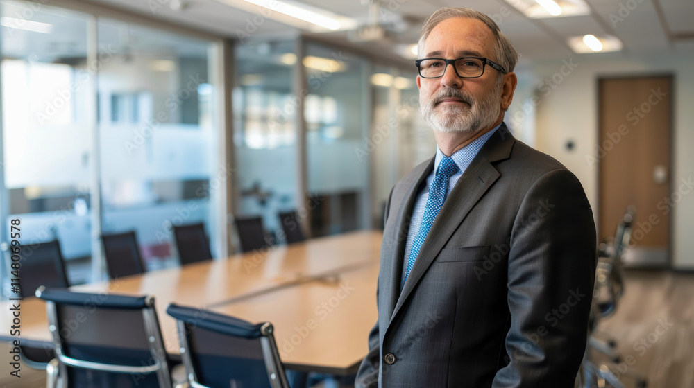a middle-aged man stands in a conference room with a long table and several chairs in the background He is wearing a dark suit, a blue tie, and glasses. His expression is serious and professional 01 a middle-aged man stands in a conference room with a long table and several chairs in the background He is wearing a dark suit, a blue tie, and glasses. His expression is serious and professional 01