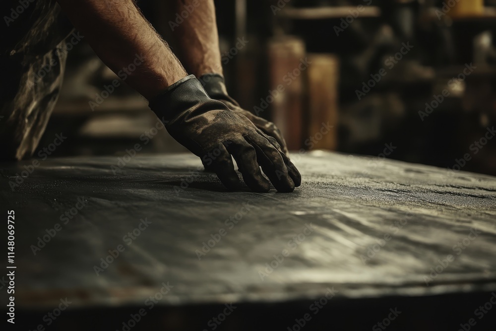 Close-Up of a Craftsman’s Hand Working on a Dark Wooden Surface in a Rustic Workshop, Capturing the Essence of Skilled Labor and Artistry in Action Close-Up of a Craftsman’s Hand Working on a Dark Wooden Surface in a Rustic Workshop, Capturing the Essence of Skilled Labor and Artistry in Action