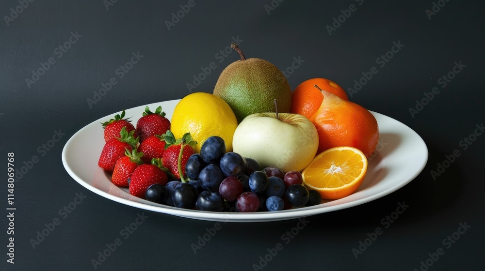 Exotic fruit arrangement on a glossy white plate Exotic fruit arrangement on a glossy white plate